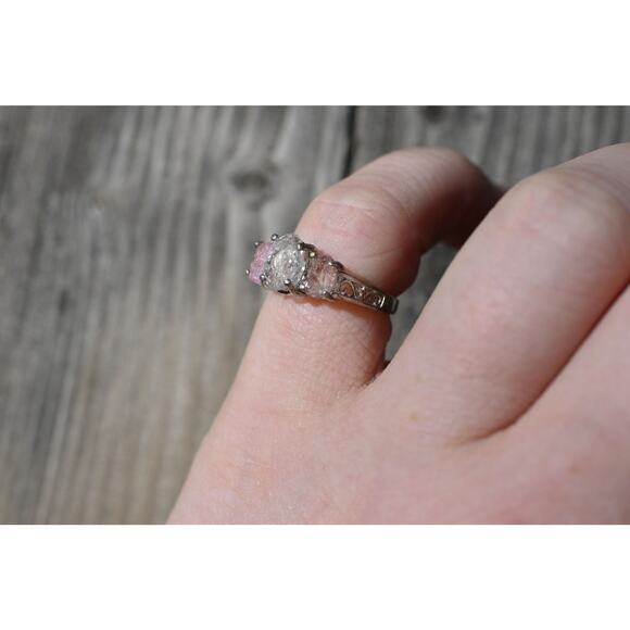 Pink tourmaline and diamond alternative sterling silver ring size 5 - Picture 3 of 10